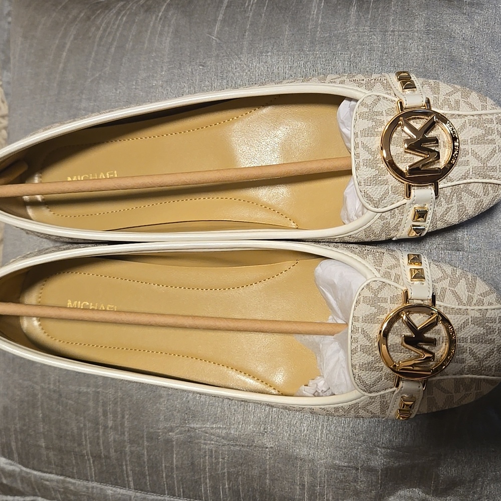 Michael Kors Beige Logo Flats with Gold Accents